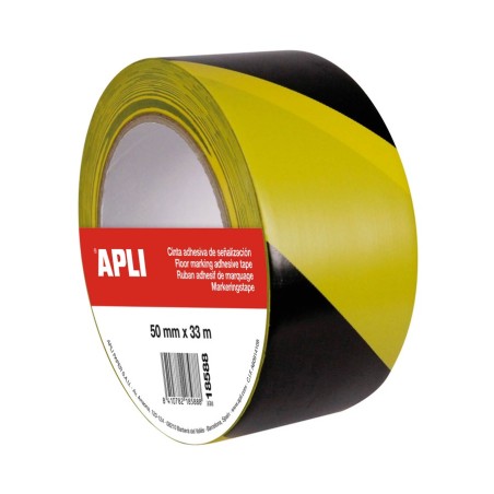 Apli Cinta de Señalizacion de PVC 50 mm x 33 m 160 ?m - Adhesivo de Calidad - Color Negro/Amarillo