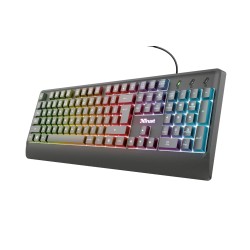 Trust Gaming Ziva Teclado USB - Iluminacion LED Multicolor - 12 Teclas Multimedia - Diseño Robusto - Cable de 1.50m - Color Negr