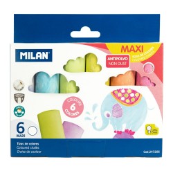 Milan Pack de 6 Tizas Maxi - Redondas - Antipolvo - No Contienen Caseina ni Yeso - Colores Surtidos