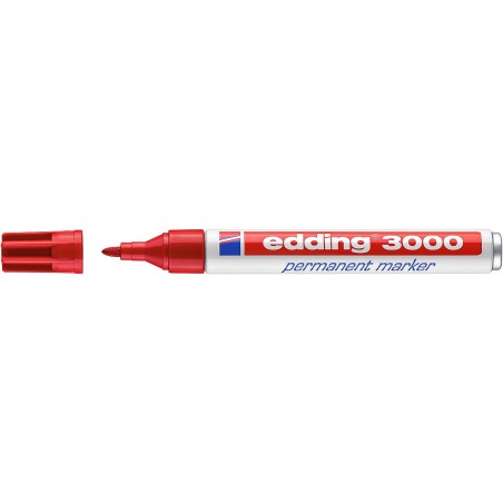 Edding 3000 Rotulador Permanente - Punta Redonda de 1.5mm - Trazo entre 1.5 y 3mm - Recargable - Secado Rapido - Color Rojo