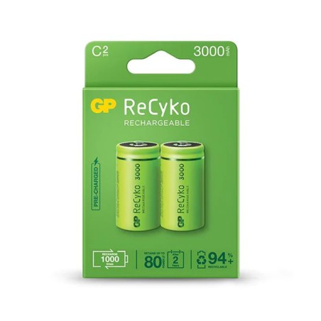 GP ReCyko Pack de 2 Pilas Recargables 3000mAh C 1.2V - Precargadas - Ciclo de Vida: Hasta 1000 Veces