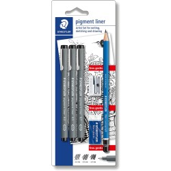 Staedtler Pigment Liner 308 Pack de 3 Rotuladores Calibrados Negros, Trazos Surtidos + 1 Goma de Borrar + 1 Sacapuntas + 1 Lapiz
