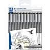 Staedtler Pigment Liner 308 Pack de 12 Rotuladores Calibrados - Tamaños de Puntas Surtidos - Color Negro