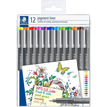 Staedtler Pigment Liner 308 Pack de 12 Rotuladores Calibrados - Trazo 0.5mm - Secado Rapido - Colores Surtidos