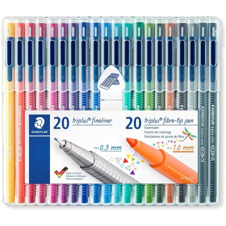 Staedtler Triplus Pack de 20 Rotuladores de Punta Fina 0.3mm + 20 Rotuladores de Punta Fibra 1mm - Capuchon con Clip - Colores S