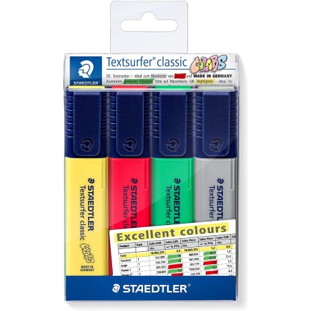 Staedtler Textsurfer Classic 364 Pack de 4 Marcadores Fluorescentes - Punta Biselada 1 - 5mm Aprox - Secado Rapido - Colores Sur