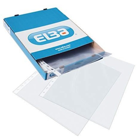 Elba Caja de 100 Fundas Multitaladro 90 Micras - Formato Folio - 16 Perforaciones - Acabado Piel de Naranja