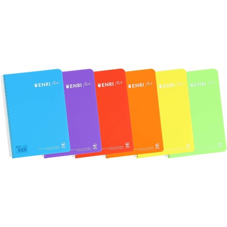Enri Plus Cuaderno Espiral Formato Folio 1 Linea - 80 Hojas 90gr con Margen - Cubierta de Plastico - Colores Surtidos
