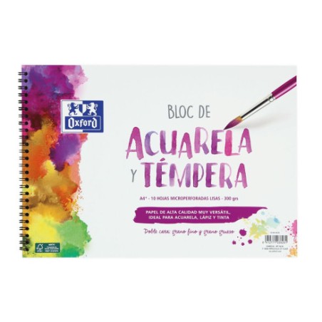 Oxford Bloc de Acuarela y Tempera Escolar Espiral Formato A4+ Liso - 20 Hojas Microperforadas 300gr Color natural - Papel de Dob