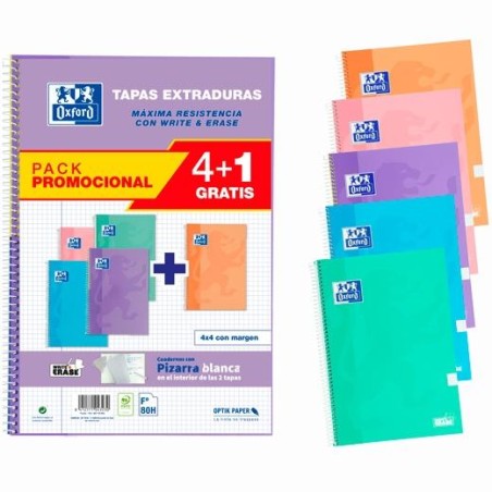 Oxford Classic Write & Erase Pack 4+1 5 Cuadernos Espiral Formato Folio Cuadriculado 4x4mm - 80 Hojas - Tapas Extraduras con Piz