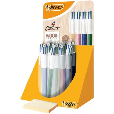 Bic 4 Colours Wood Style Expositor de 30 Boligrafos de Bola Retractiles - Punta Media de 1.0mm - Tinta con Base de Aceite - Dise