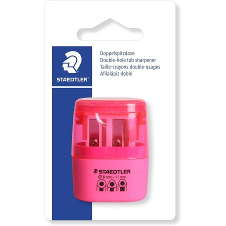 Staedtler Sacapuntas Doble Uso con Deposito - 2 Agujeros - De 8.2mm hasta 10.2mm - Color Rosa Neon