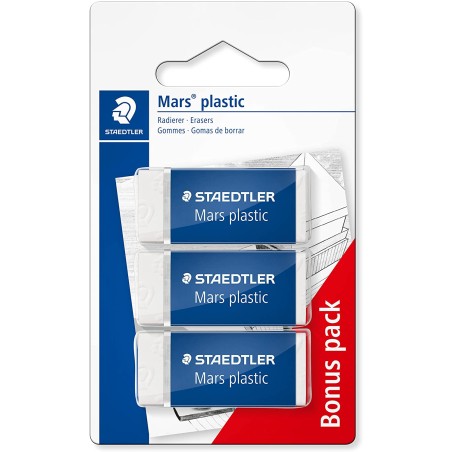 Staedtler Mars Plastic Pack de 3 Gomas de Borrar - Plastico - Alta Precision - Color Blanco