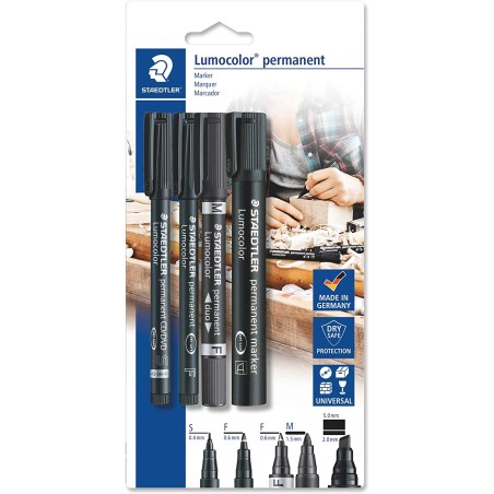 Staedtler Lumocolor Permanent Pack de 4 Rotuladores Permanentes - Diferentes Puntas - Resistente al Agua - Recargables - Color N
