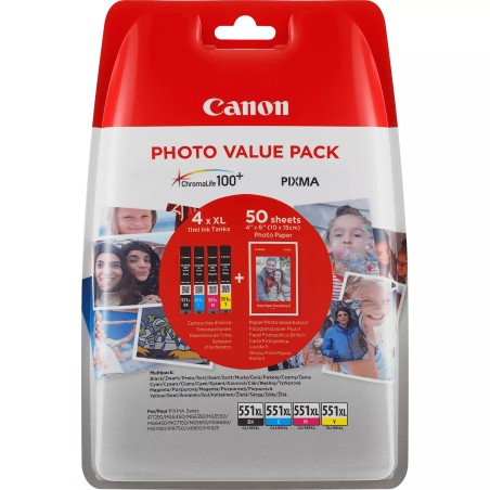 Canon CLI551XL Pack de 4 Cartuchos de Tinta Originales - 50 Hojas de Papel Fotografico - 6443B006