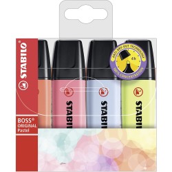 Stabilo Boss 70 Pastel Pack de 4 Marcadores Fluorescentes - Trazo entre 2 y 5mm - Recargable - Tinta con Base de Agua - Colores 