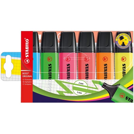 Stabilo Boss 70 Pack de 6 Marcadores Fluorescentes - Trazo entre 2 y 5mm - Recargable - Tinta con Base de Agua - Colores Surtido