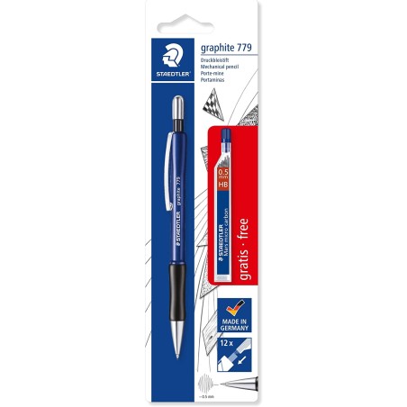 Staedtler Pack de 1 Portaminas 779 de 0.5mm + 1 Tubo de 12 Minas - Zona de Agarre Ergonomica - Resistente a Roturas