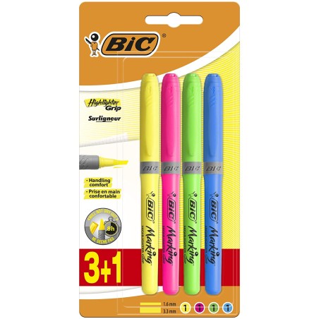 Bic Highlighter Grip Pack de 4 Marcadores Fluorescentes - Tinta con Base de Agua - Punta Biselada - Trazo entre 1.60 y 3.30mm - 