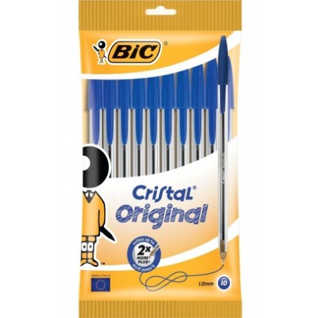 Bic Cristal Original Pack de 10 Boligrafos de Bola - Punta Redonda de 1.0mm - Trazo 0.4mm - Tinta con Base de Aceite - Color Azu