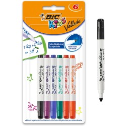 Bic Kids Mini Velleda Pack de 6 Rotuladores para Pizarra - Punta Bloqueada - Tinta con Base de Alcohol - Borrado Optimo - Colore