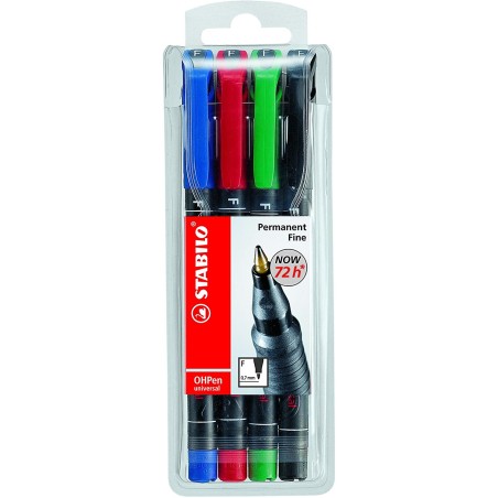 Stabilo OHPen Pack de 4 Rotuladores Permanentes - Punta Fina - Trazo de 0.7mm - Agarre Antideslizante - Tapon Ventilado - Colore