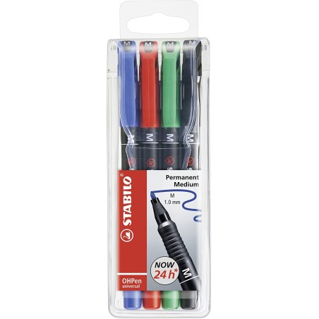 Stabilo OHPen Pack de 4 Rotuladores Permanentes - Punta Media - Trazo de 1mm - Agarre Antideslizante - Tapon Ventilado - Colores