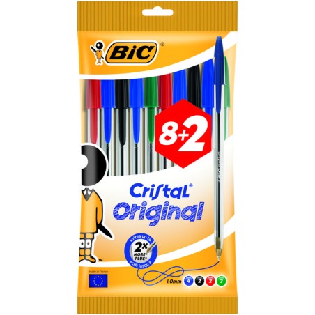 Bic Cristal Original Pack de 10 Boligrafos de Bola - Punta Redonda de 1.0mm - Trazo 0.4mm - Tinta con Base de Aceite - Colores S
