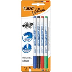 Bic Velleda 1721 Pack de 4 Rotuladores para Pizarra - Punta Fina - Trazo de 1.6mm - Borrado Optimo - Colores Surtidos