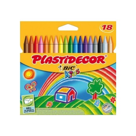 Bic Kids Plastidecor Caja de 18 Lapices de Cera - Extraresistentes - Facil de Sacar Punta - No Mancha