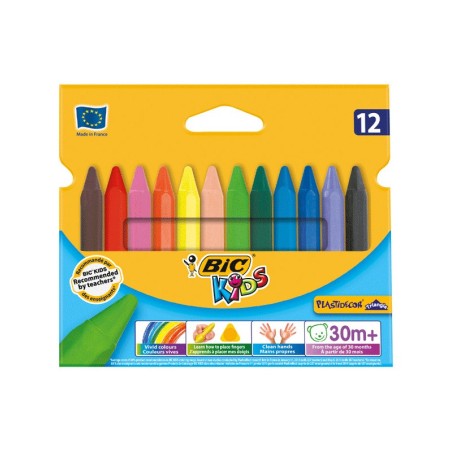 Bic Kids Plastidecor Peques Caja de 12 Lapices de Cera Triangulares - Ideal Niños Pequeños - Textura blanda - No Mancha