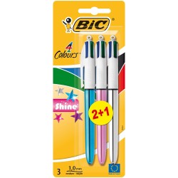 Bic 4 Colours Shine 2+1 Pack de 3 Boligrafos de Bola Retractil - Punta Media de 1.0mm - Tinta con Base de Aceite - Cuerpo de Col