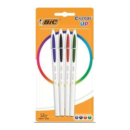 Bic Cristal Up Pack de 4 Boligrafos de Bola - Punta Redonda de 1.2mm - Trazo 0.6mm - Tinta con Base de Aceite - Cuerpo Blanco - 