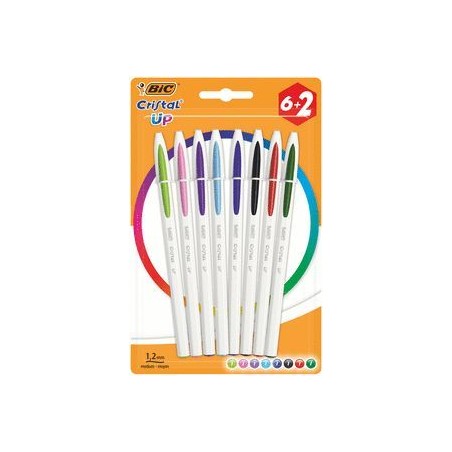 Bic Cristal Up Pack de 8 Boligrafos de Bola - Punta Redonda de 1.2mm - Trazo 0.6mm - Tinta con Base de Aceite - Cuerpo Blanco - 