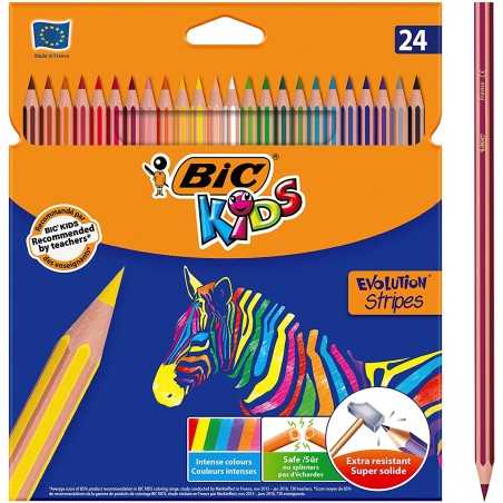 Bic Kids Evolution Stripes Caja de 24 Lapices de Colores surtidos - Fabricados en Resina - Punta Ultraresistente - Mina Pigmenta