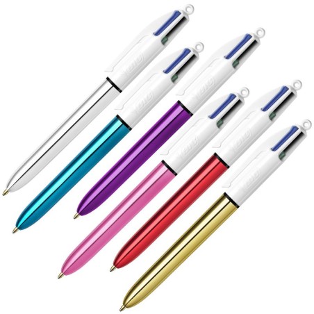 Bic 4 Colours Shine Boligrafo de Bola Retractil - Punta Media de 1.0 mm - Tinta con Base de Aceite - Diseño Metalizado en Colore