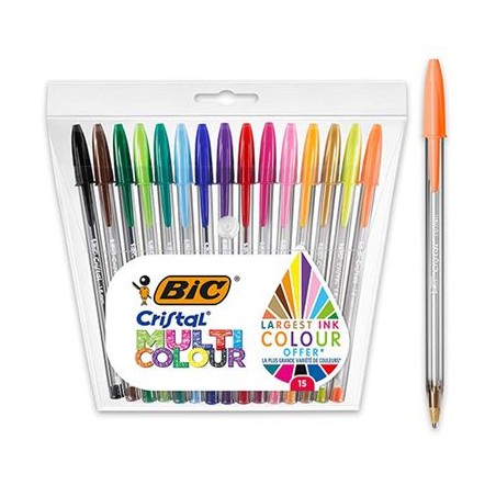 Bic Cristal Multicolour Pack de 15 Boligrafos de Bola - Punta 1.6mm - Trazo 0.42mm - Tinta con Base de Aceite - Colores Surtidos