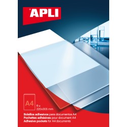 Apli Bolsillos Adhesivos A4 - Bolsa con 6 Bolsillos - Ideal para Carpesanos, Carpetas y Libros - Añade Un Bolsillo Adicional par