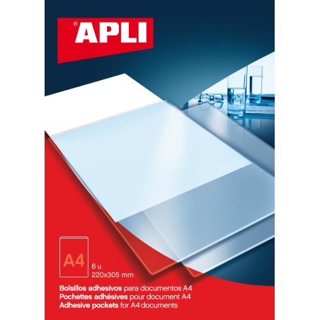 Apli Bolsillos Adhesivos A4 - Bolsa con 6 Bolsillos - Ideal para Carpesanos, Carpetas y Libros - Añade Un Bolsillo Adicional par