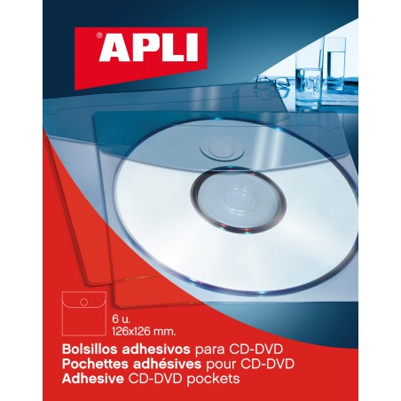 Apli Bolsillos Adhesivos para Cd/Dvd con Solapa de Cierre - Tamaño 126 x 126mm - Ideal para Presentaciones Impresas y Archivador