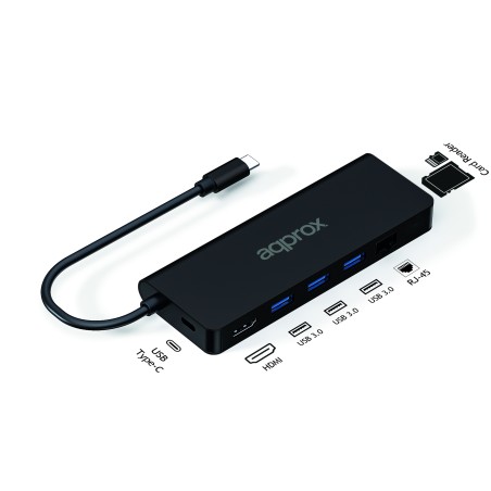Approx 8 en 1 Hub USB-C con 3x USB-A 3.0 - 1x HDMI - 1x RJ-45 - 1x USB-C PD - Lector microSD y Lector SD - Cable de 18cm