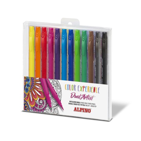 Alpino Color Experience Pack de 12 Rotuladores Doble Punta con Punta Pincel - Forma Triangular Ergonomica - Punta Fine Liner de 